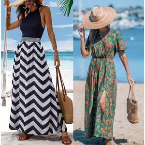 NWT Cupshe Dresses - Chevron Skirt Maxi & Floral Short Sleeve V-Neck Bundle Sz S